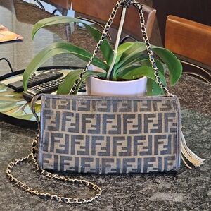 Fendi FF Zucca Canvas Baguette Clutch w Crossbody Chain, Insert, & Charms Added